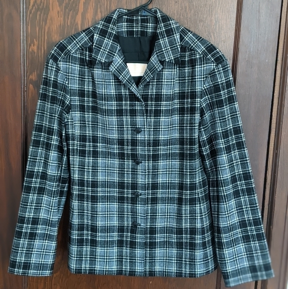 Pendleton Black & Gray Plaid Virgin Wool Long Sleeve Professional Jacket Size 10